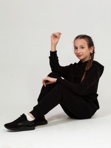 311-Ч. Свитшот с капюшоном + Штаны, хлопок 65%, 35% ПЭ, 3-х нитка ( без начеса) черный 146,152,158